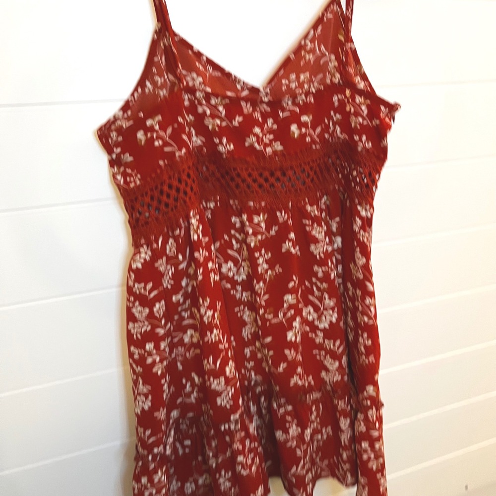 Womens Red Floral Print Mini Dress Spaghetti Straps Crochet Summer Sundress L - Picture 10 of 12